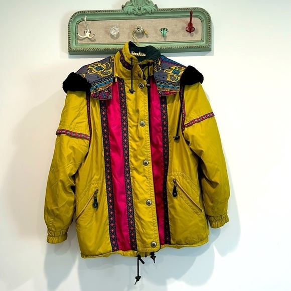 Vintage Head Skiwear hooded jacket women’s 10 chartreuse pink bohemian puffer - Picture 1 of 12